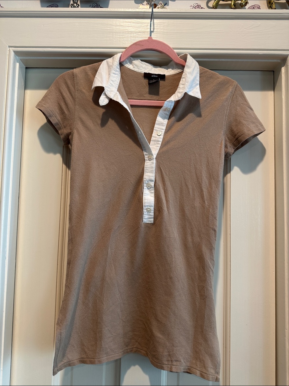 Alara Taupe Short Sleeve Polo Top with White Collar